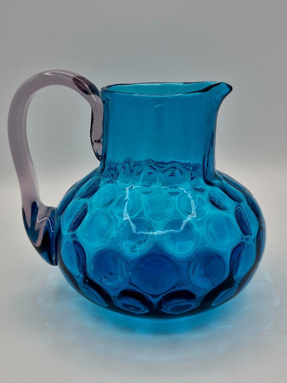 Handmade Artglass Blue Glass Thumbprint Coindot Pitcher with Applied Handle
